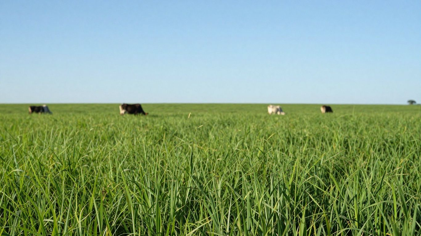 Campo verde de Capim Mombaça com gado pastando.