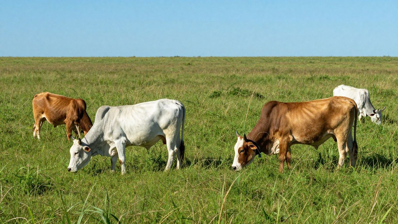 Campo verdejante com gado pastando Capim Massai.